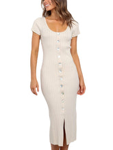 Short Sleeve Crew Neck Stretch Buttons Bodycon Dress For Women